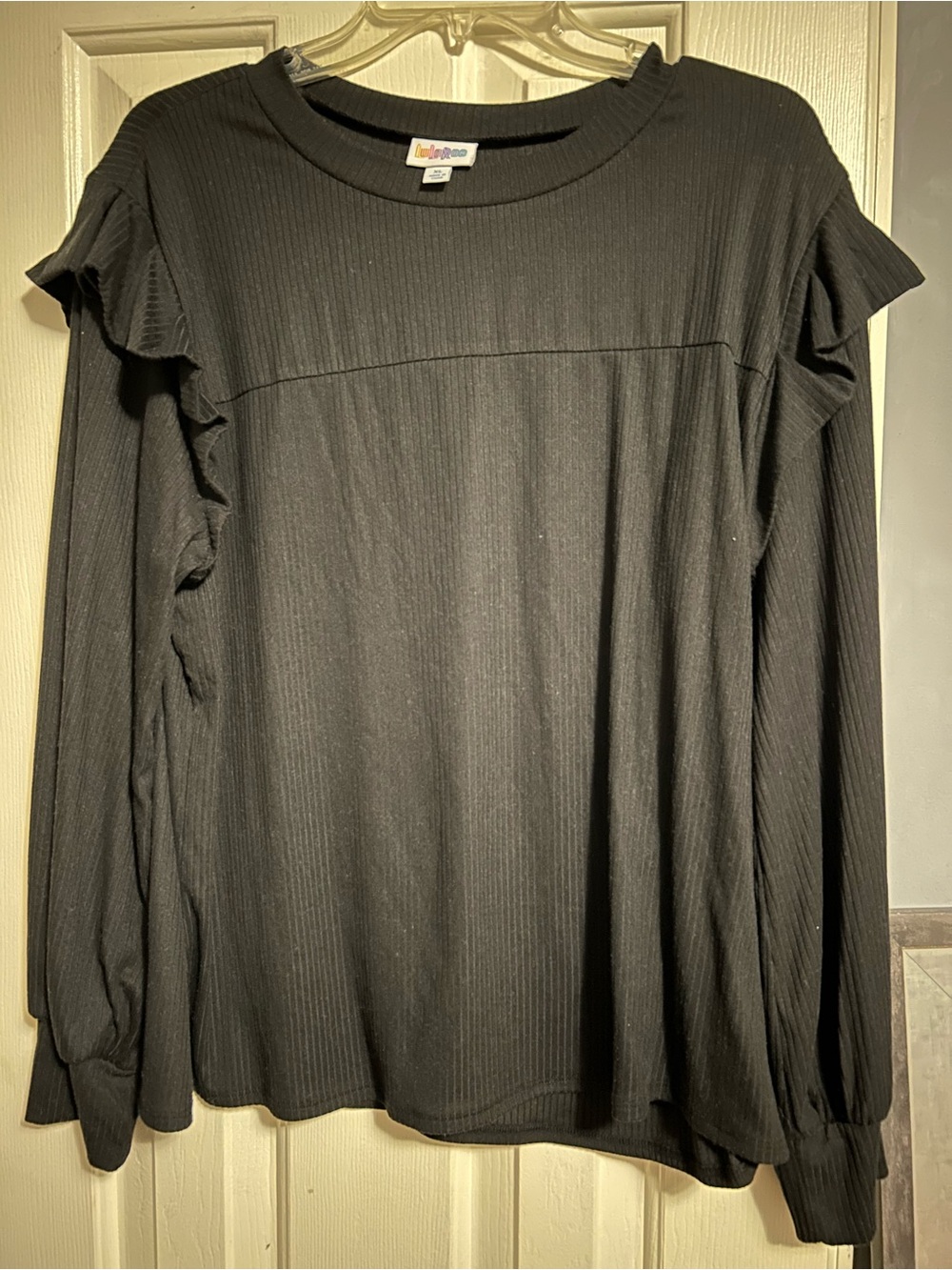 LuLaRoe Black Ribbed Ruffle-Shoulder Long Sleeve Top Brielle
